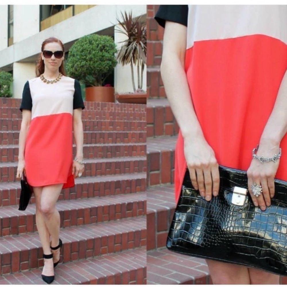 Zara Colorblock Shift Mini Dress Small Blush Pink Red Black Mod Short Sleeve - Picture 11 of 16